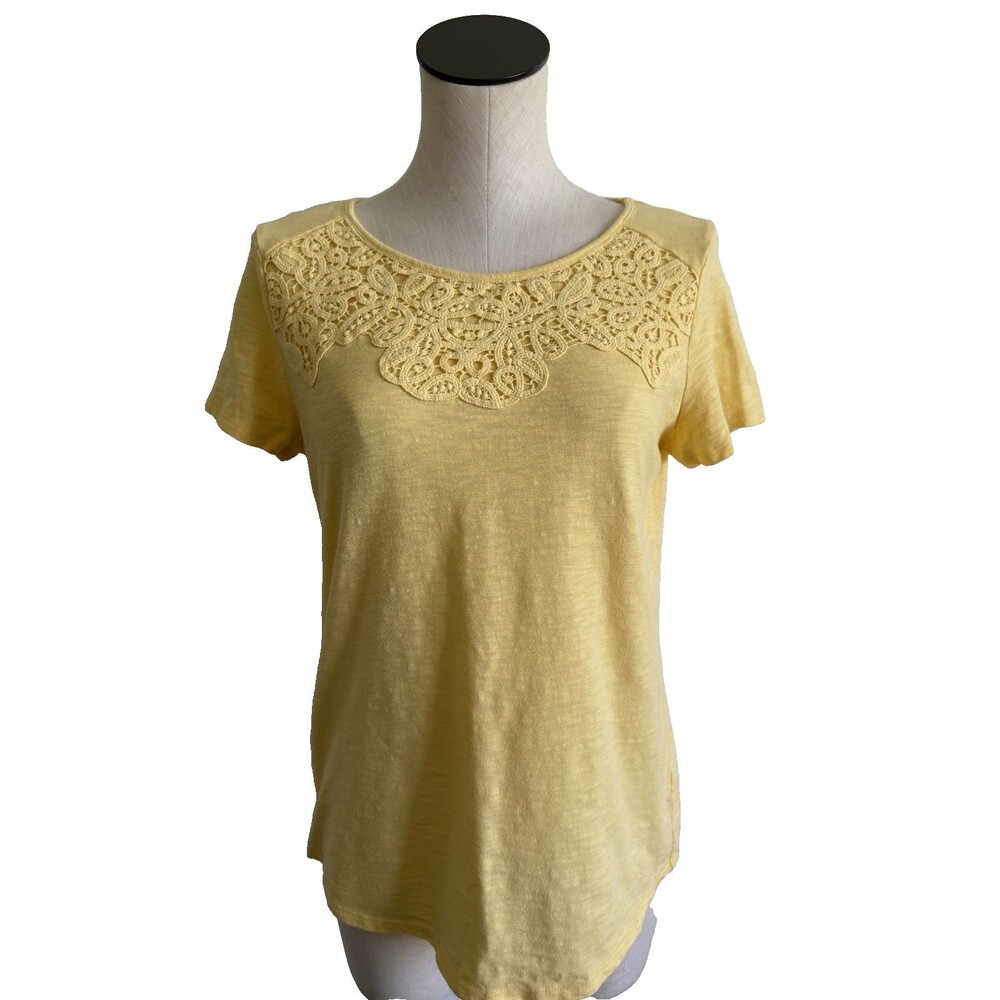 Croft & Barrow Yellow Top Lace Yoke Scoop Neck T-Shirt Small